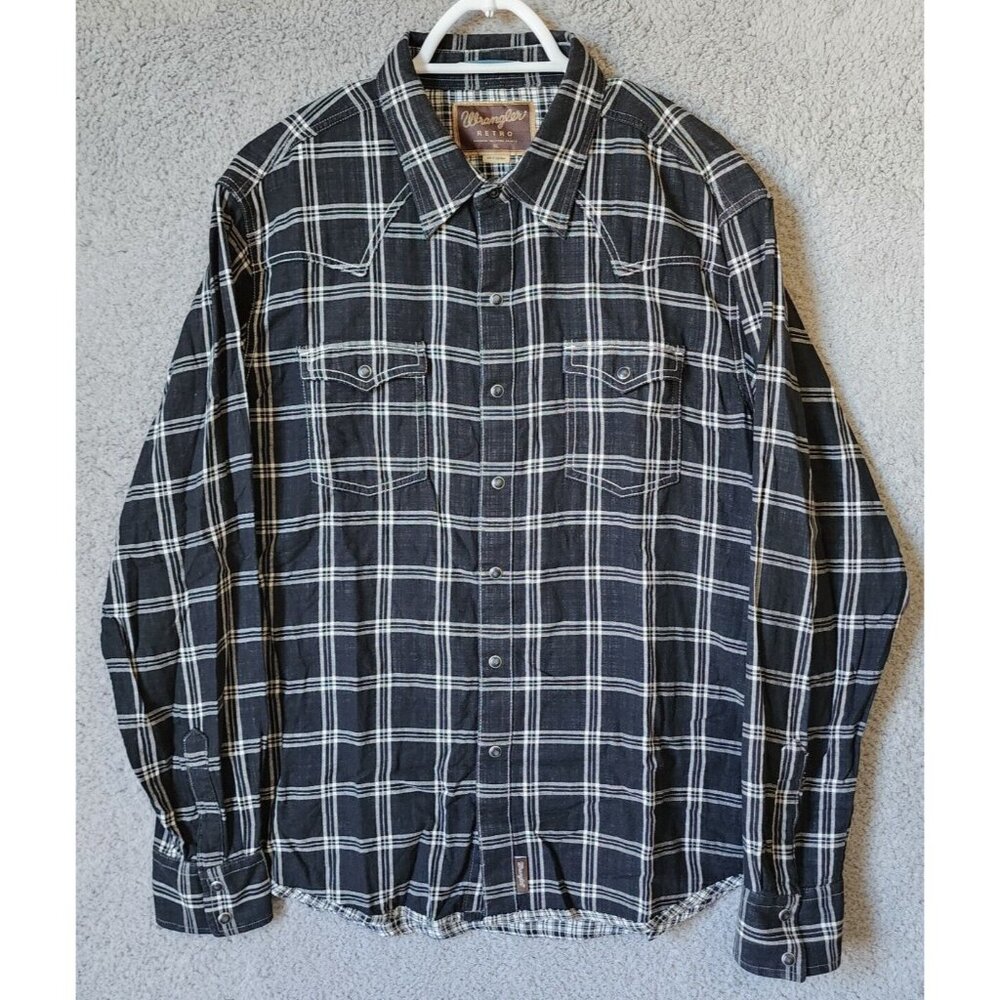 Wrangler Retro‎ Western Cowboy Black Plaid Pearl Snap Long Sleeve Shirt Size XL